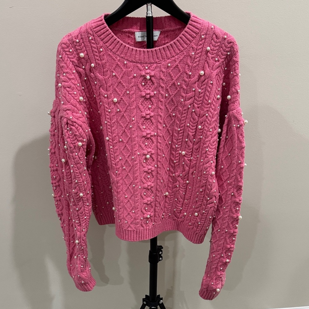 Something Navy Pink Pearl-Embellished Cable Knit Crewneck Sweater